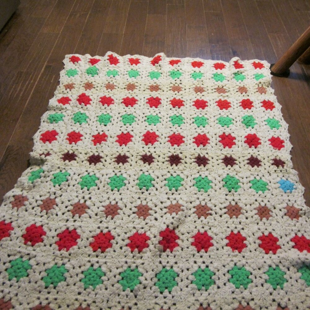 White and colorful cottage core granny square heavy Afghan 54x65